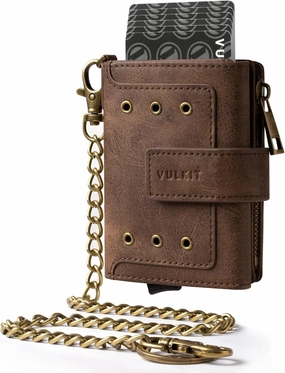 VULKIT Trifold Mens Smart Wallet with Chain, Aluminum POP UP Card Case RFID Protected, ID Window, Zipper Pocket for Coins and Compartment for Bills/Banknotes, Coffee Brown