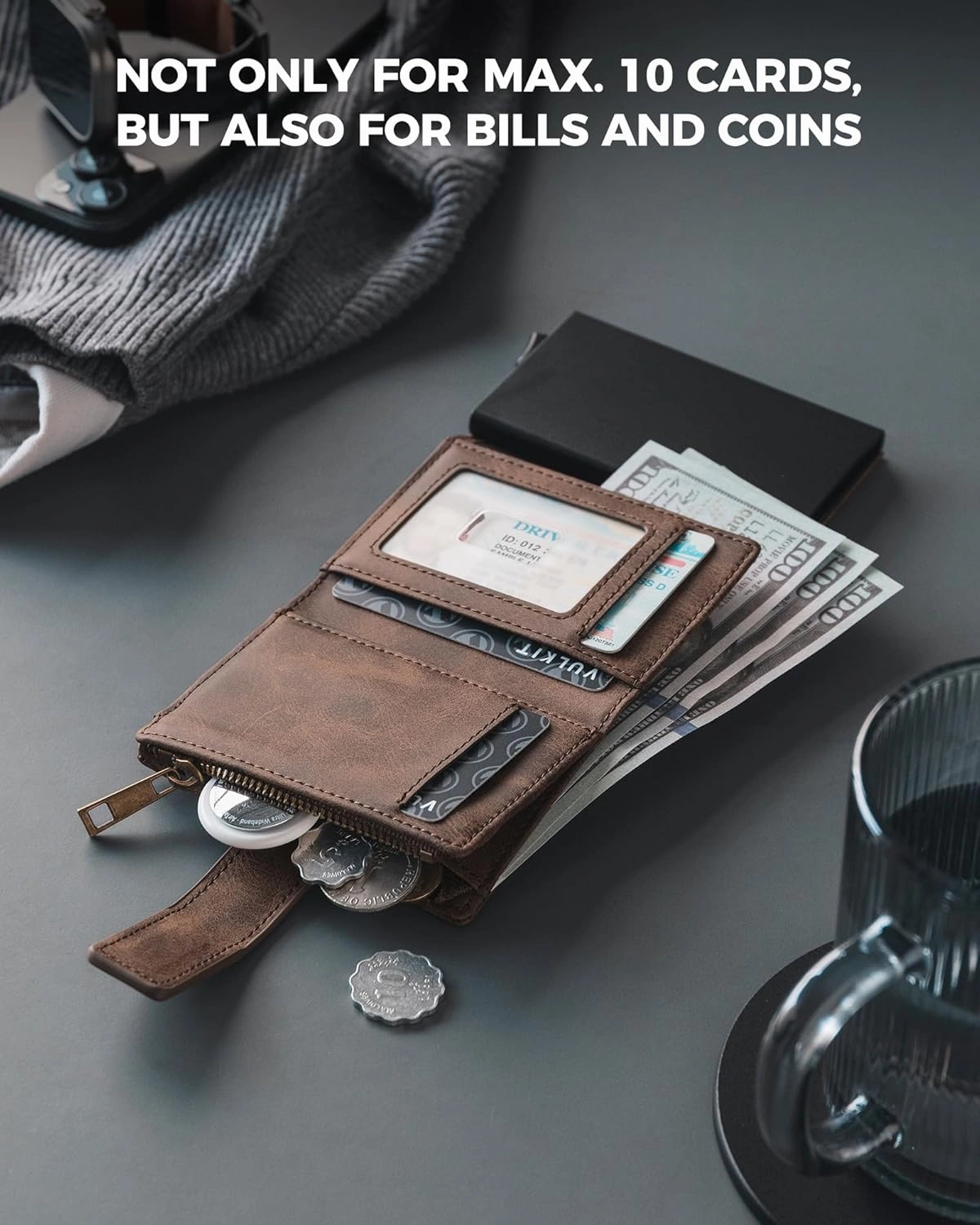 VULKIT Trifold Mens Smart Wallet with Chain, Aluminum POP UP Card Case RFID Protected, ID Window, Zipper Pocket for Coins and Compartment for Bills/Banknotes, Coffee Brown