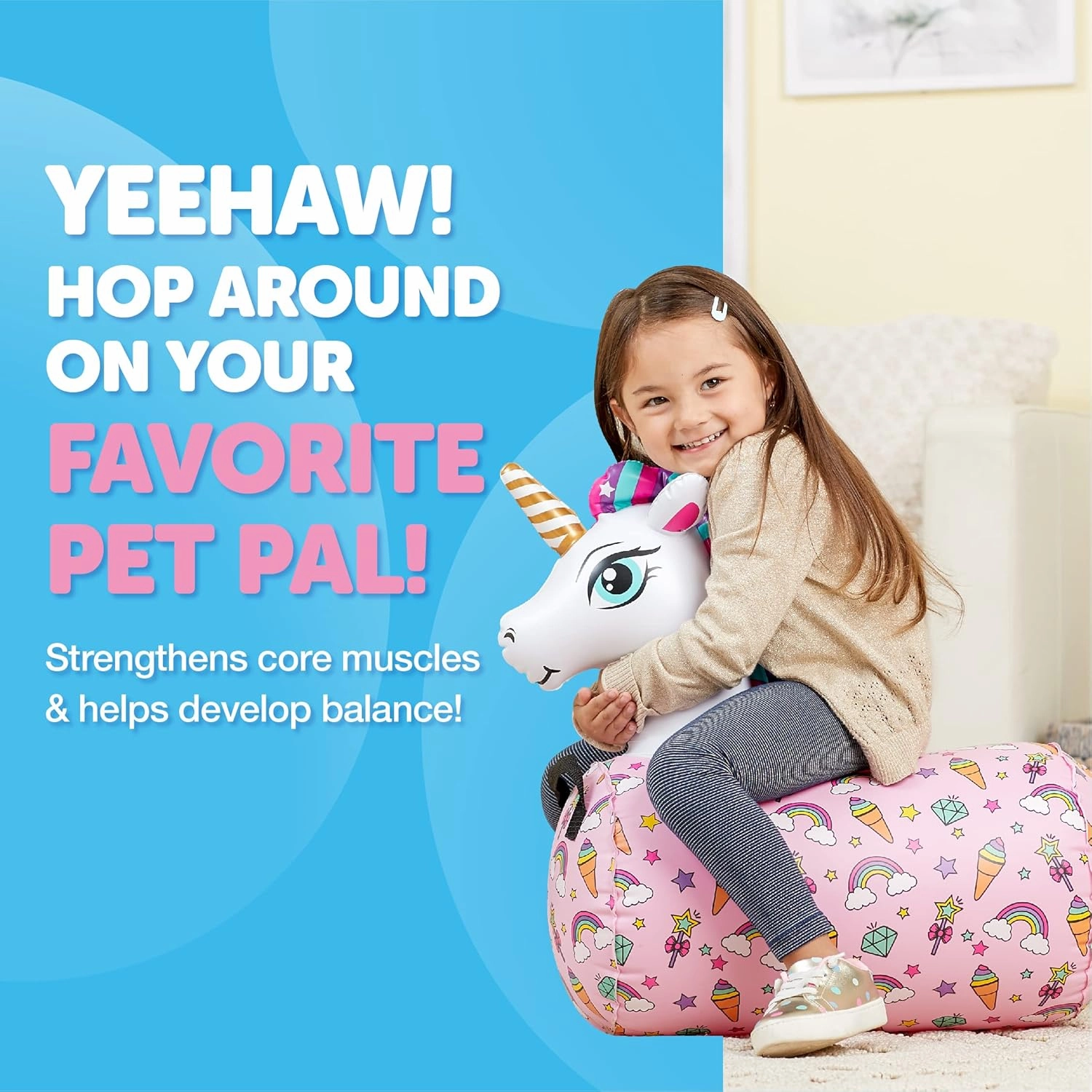 WADDLE Hip Hopper Inflatable Hopping Animal Bouncer Unicorn, Ages 2 and Up, Supports Up to 85 Pounds