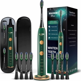 Wagner Stern WHITEN  Edition. Whitening Electric Toothbrush with Pressure Sensor. Offers 5 Brushing Modes, 3 intensities, 8 Soft Brush Heads, and a Luxury Travel case.