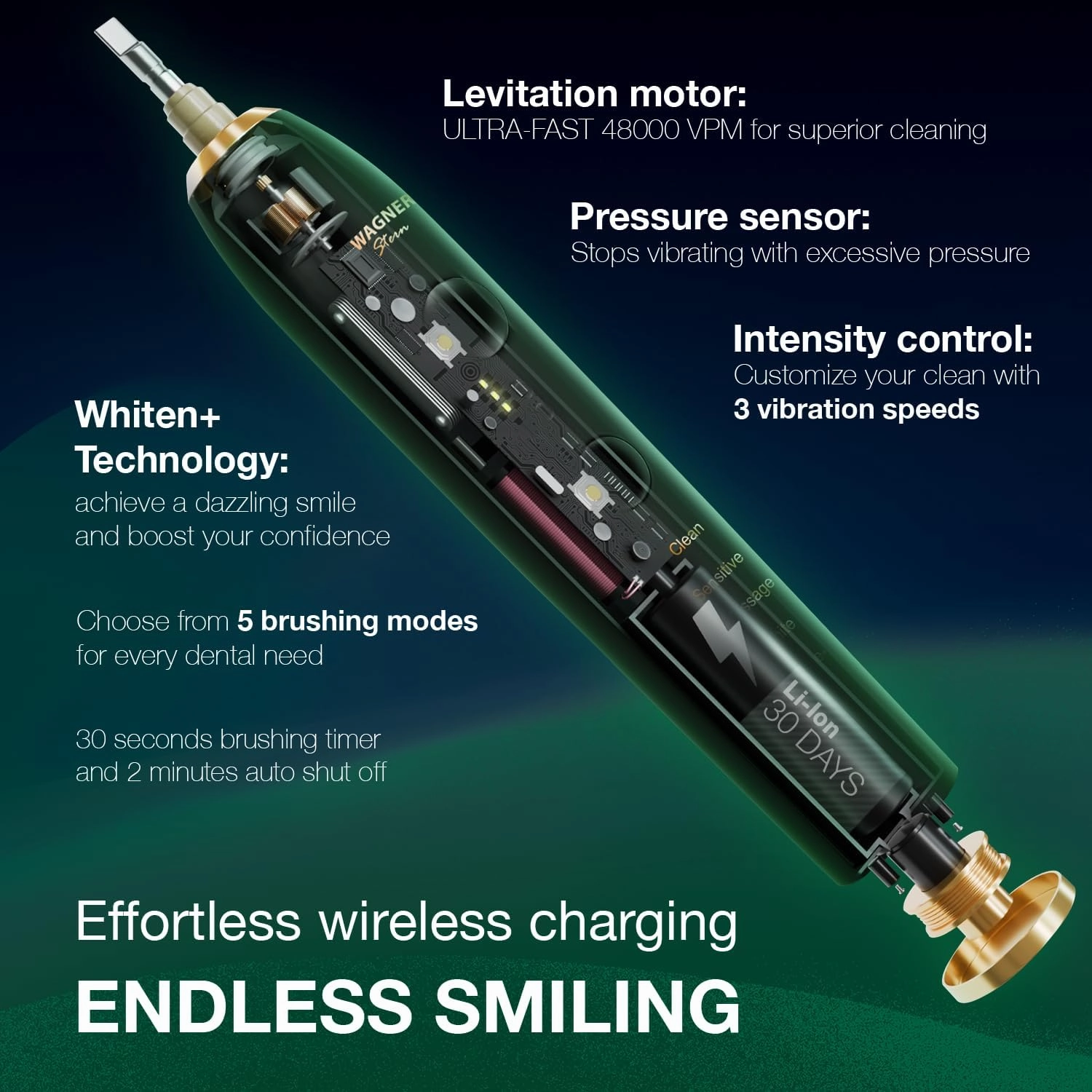 Wagner Stern WHITEN  Edition. Whitening Electric Toothbrush with Pressure Sensor. Offers 5 Brushing Modes, 3 intensities, 8 Soft Brush Heads, and a Luxury Travel case.