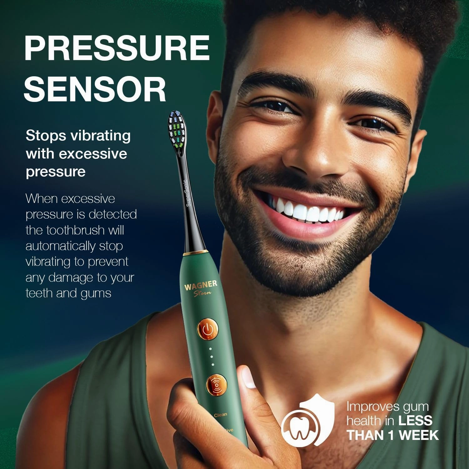 Wagner Stern WHITEN  Edition. Whitening Electric Toothbrush with Pressure Sensor. Offers 5 Brushing Modes, 3 intensities, 8 Soft Brush Heads, and a Luxury Travel case.