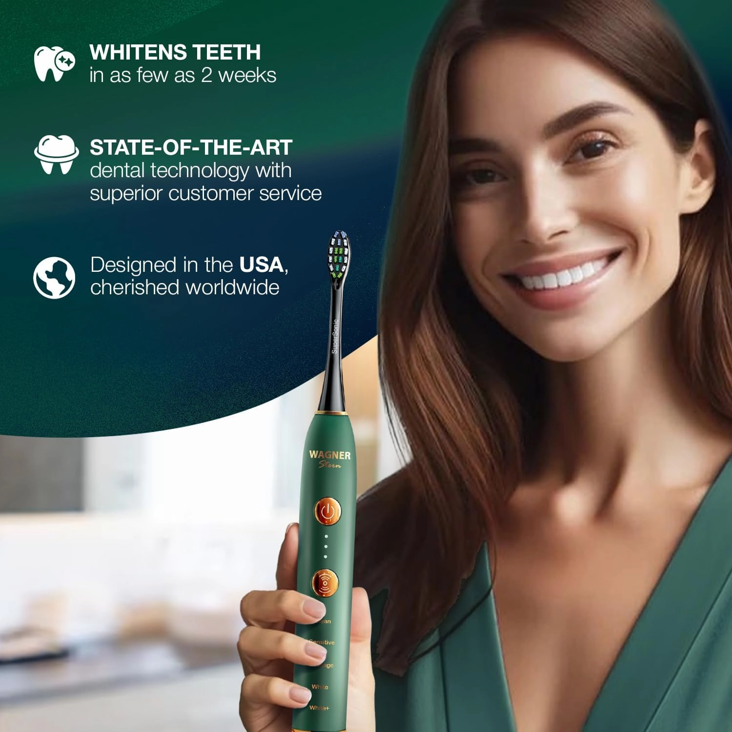 Wagner Stern WHITEN  Edition. Whitening Electric Toothbrush with Pressure Sensor. Offers 5 Brushing Modes, 3 intensities, 8 Soft Brush Heads, and a Luxury Travel case.