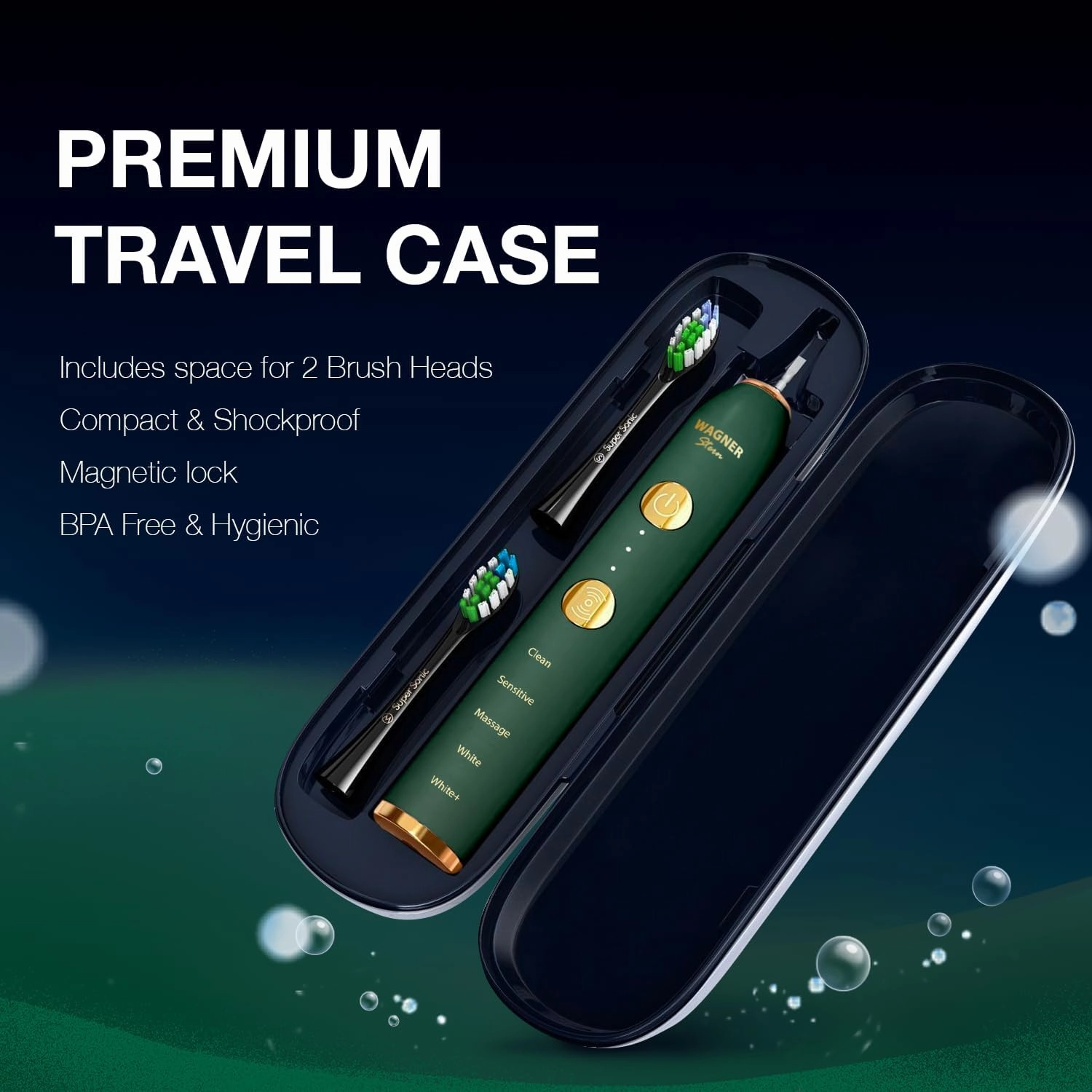 Wagner Stern WHITEN  Edition. Whitening Electric Toothbrush with Pressure Sensor. Offers 5 Brushing Modes, 3 intensities, 8 Soft Brush Heads, and a Luxury Travel case.