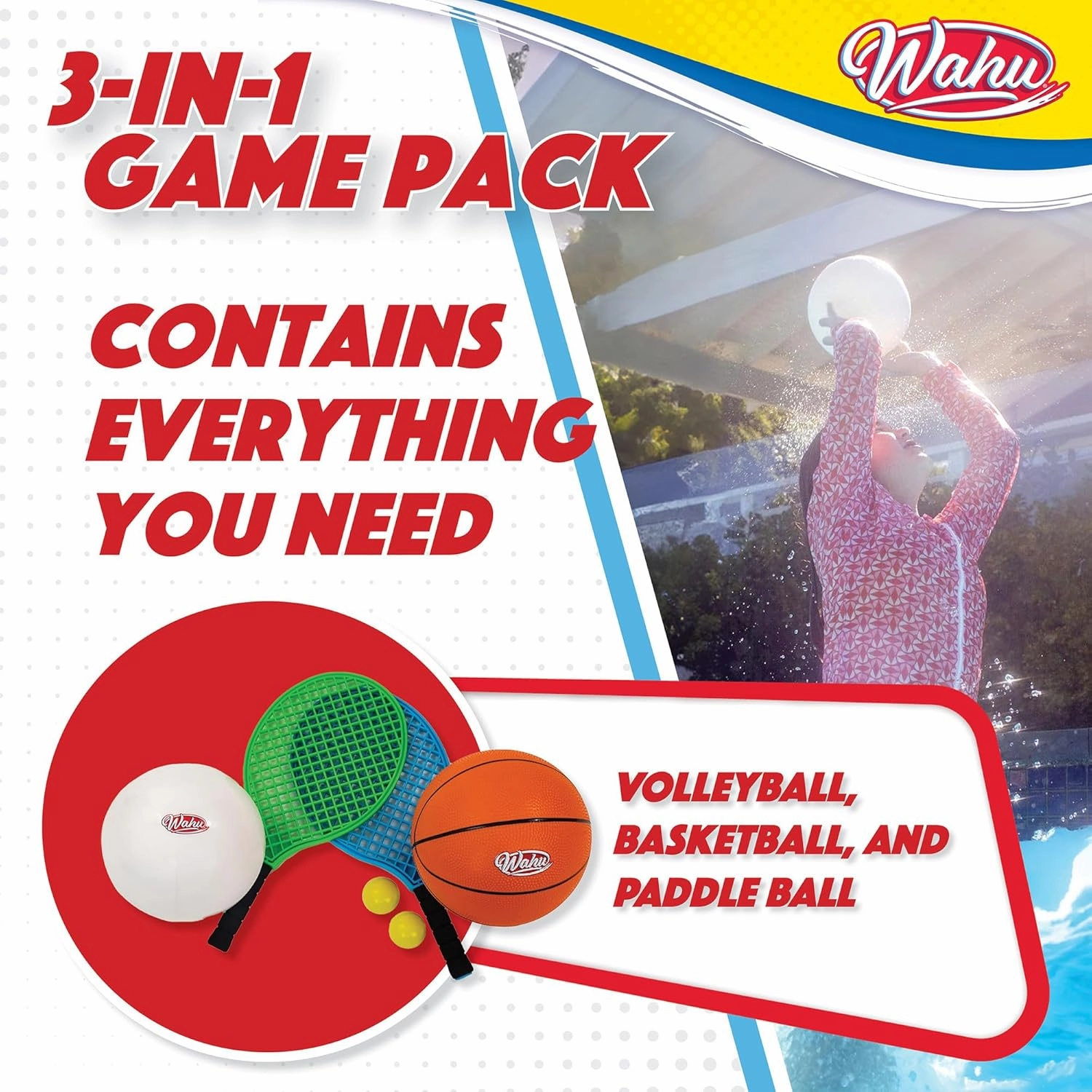 Wahu 3-in-1 Pool Sports Game Pack with Basketball, Volleyball, and Paddle Ball Set