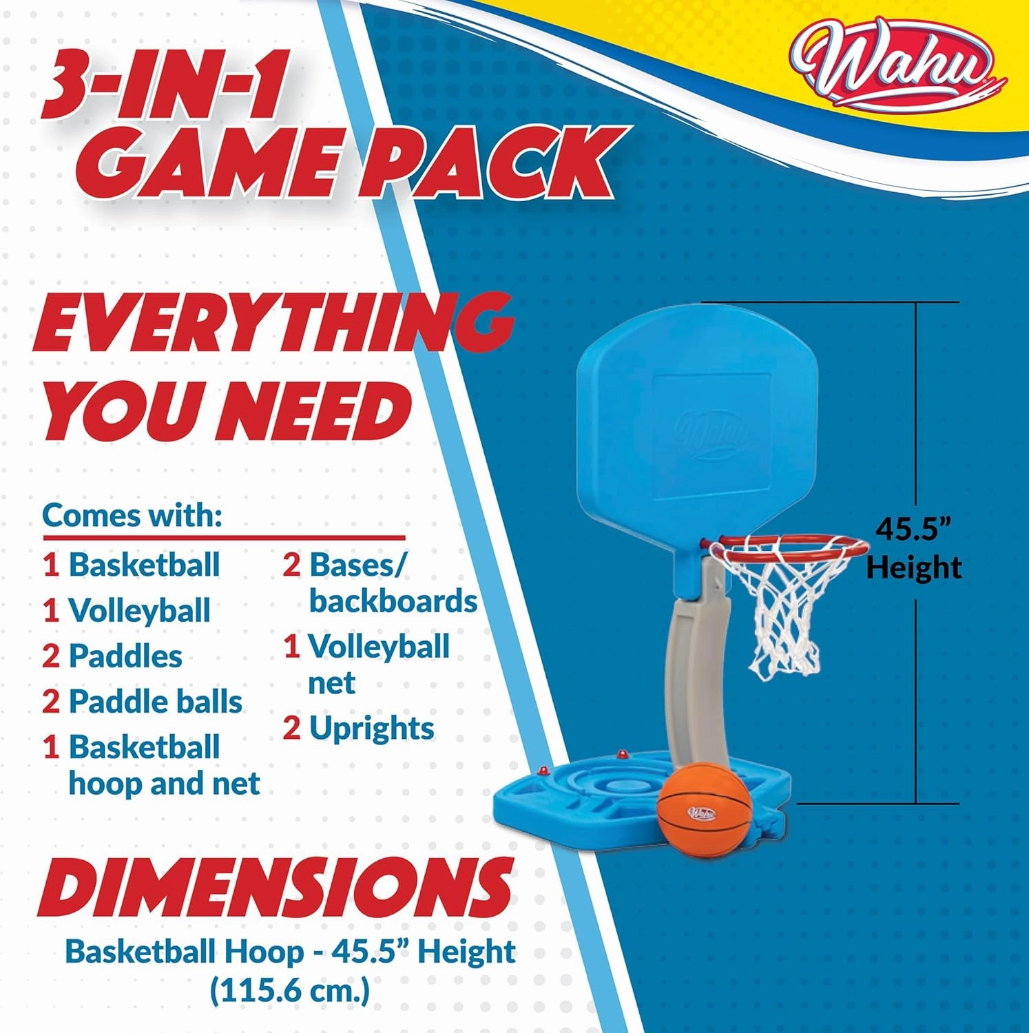 Wahu 3-in-1 Pool Sports Game Pack with Basketball, Volleyball, and Paddle Ball Set