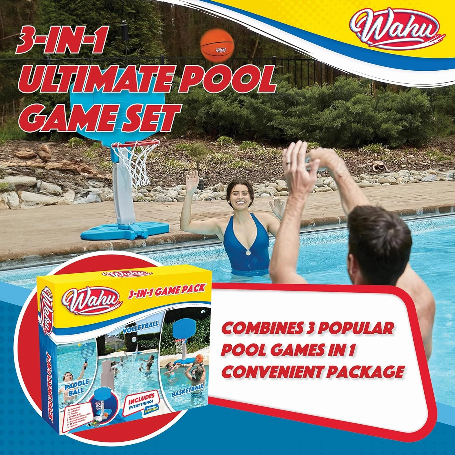 Wahu 3-in-1 Pool Sports Game Pack with Basketball, Volleyball, and Paddle Ball Set