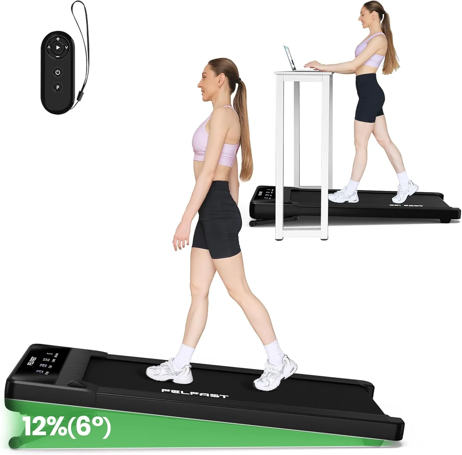 Walking Pad with 12% 6° Auto Incline, Under Desk Treadmill for Home Office w/Remote Control, 6 HIIT Mode, 450Lbs Weight Capacity, 4 MPH Max, Desk Treadmill in LED Display
