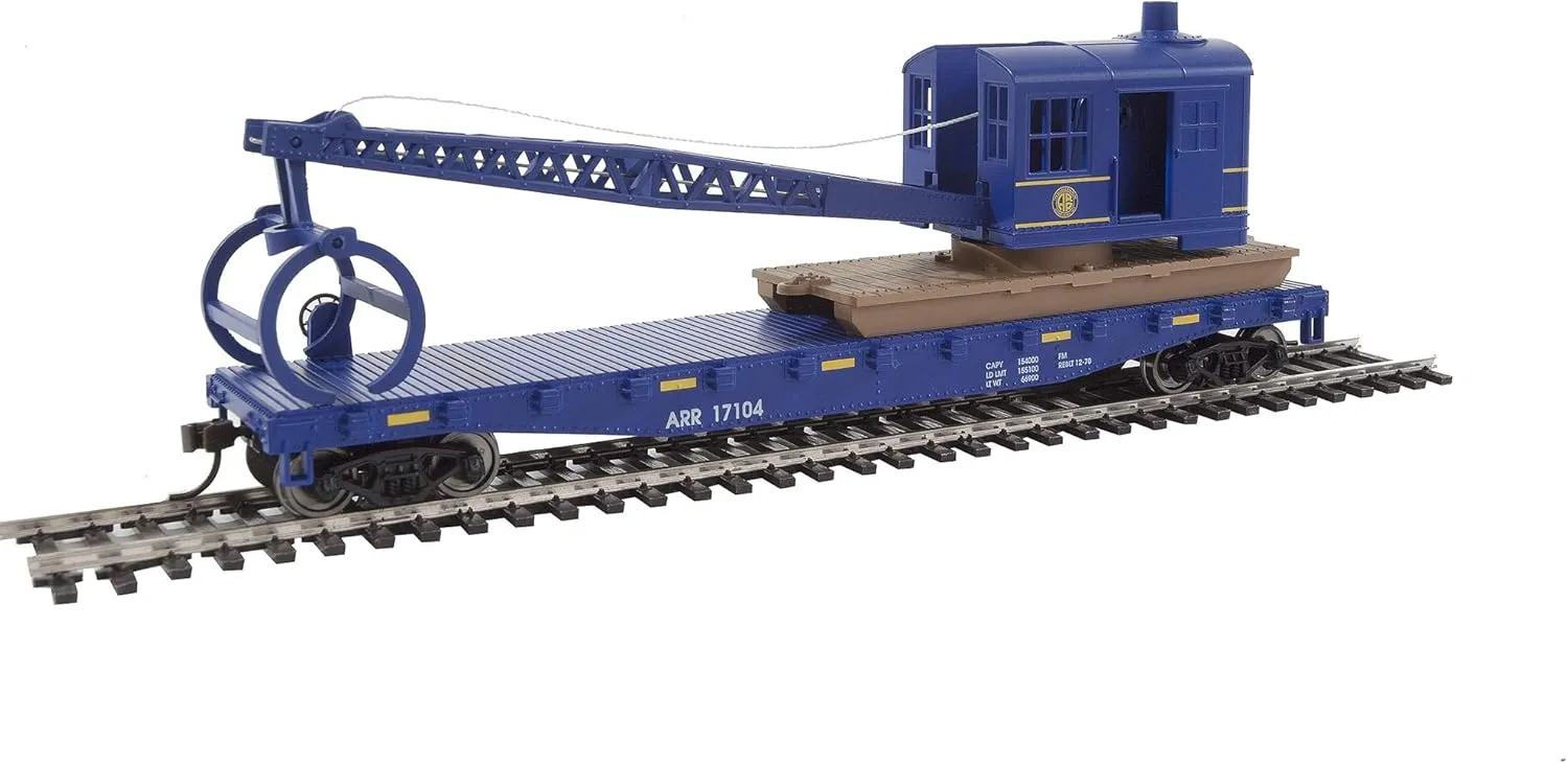 Walthers Trainline HO Scale Model Flatcar with Logging Crane - Alaska Railroad 17104, Blue