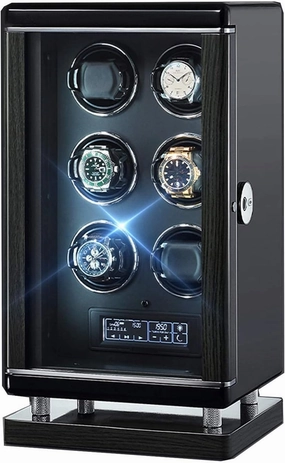 Watch Winder for 6 Automatic Watches Smart Fingerprint with Remote Control LCD with Touch Panel LED Lighting 6 Rotation Mode Setting Quiet Motors Black