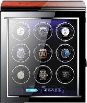 Watch Winder for 9 Automatic Watches LCD Touch Screen with Remote Control Adjustable Watch Pillows Built-in LED Light Accessories