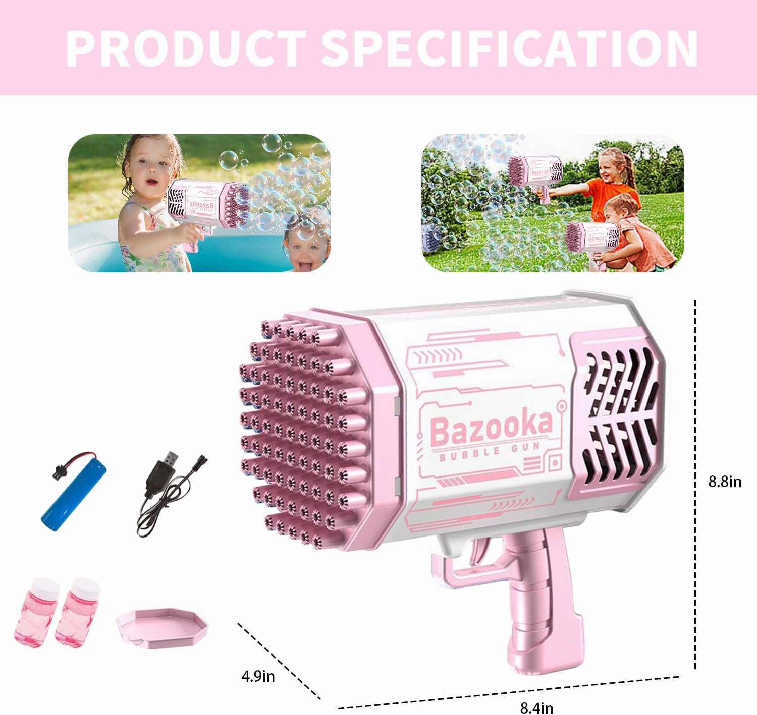 WATER GUN Bubble Machine Gun Toy, Colorful Lights, Thousands Bubbles, Outdoor Toy for Kids 3-12 Years Old (Pink)