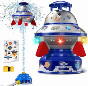 Water Sprinkler for Kids with Lights, 360° Rotating UFO Water Rocket Sprinkler Toy, Outdoor Summer Water Toys for Backyard Lawn Pool, for Boys Girls Ages 3 4 5 6 7 8 