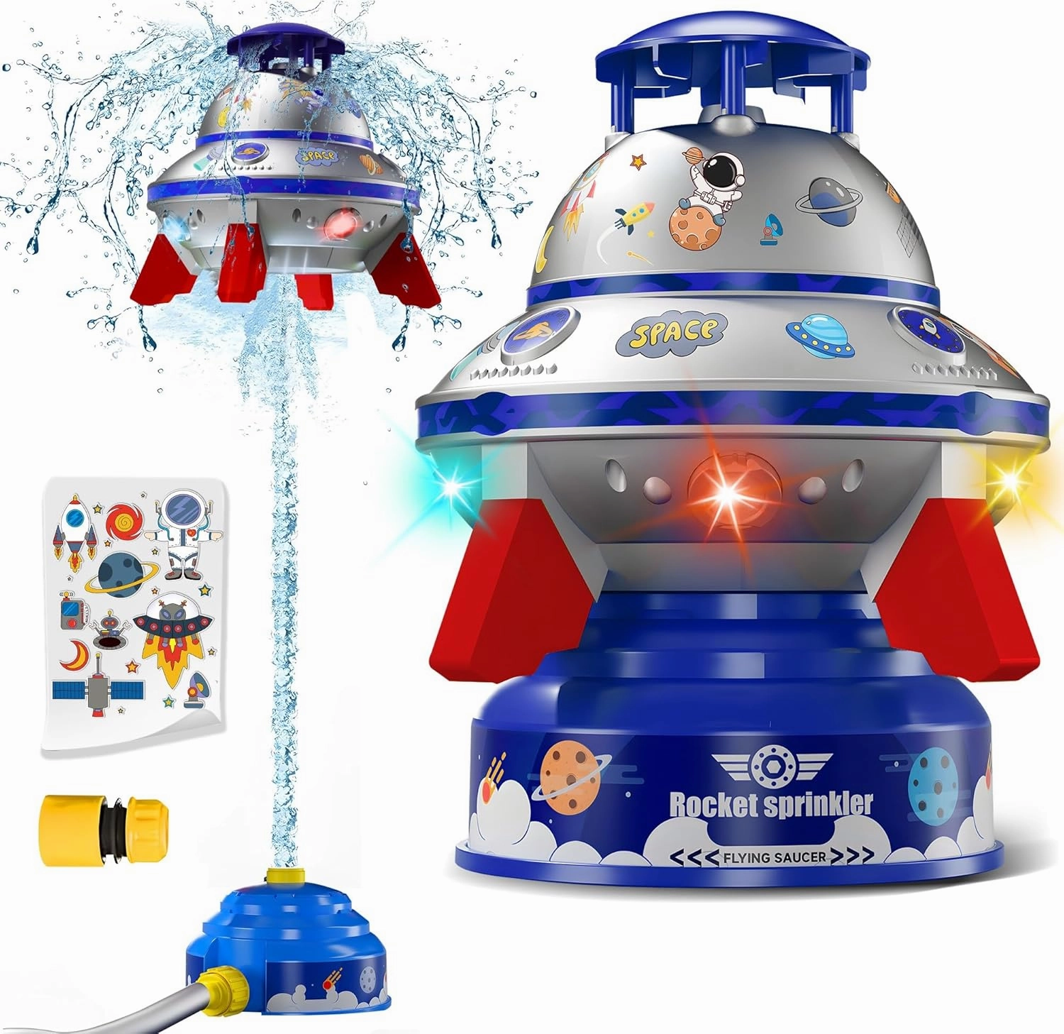 Water Sprinkler for Kids with Lights, 360° Rotating UFO Water Rocket Sprinkler Toy, Outdoor Summer Water Toys for Backyard Lawn Pool, for Boys Girls Ages 3 4 5 6 7 8 