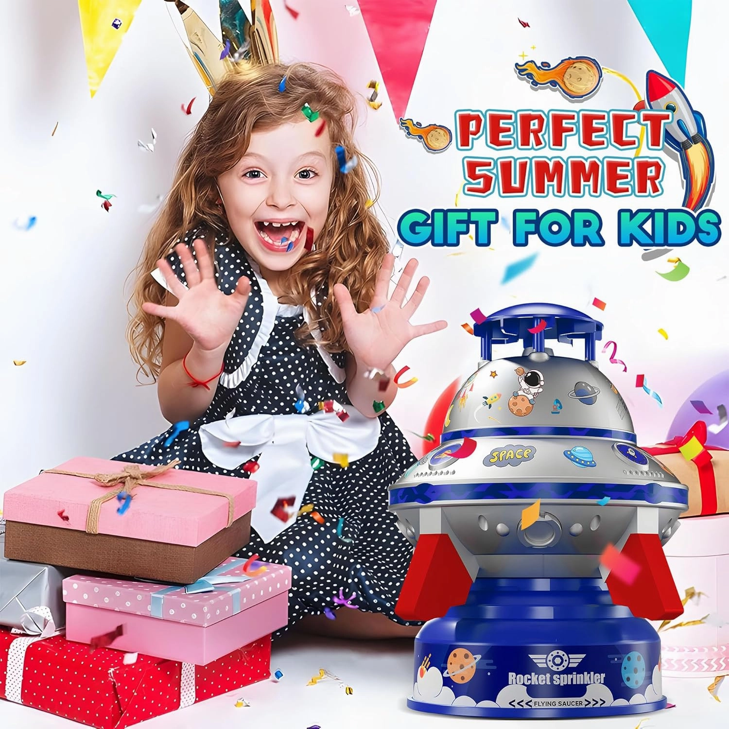 Water Sprinkler for Kids with Lights, 360° Rotating UFO Water Rocket Sprinkler Toy, Outdoor Summer Water Toys for Backyard Lawn Pool, for Boys Girls Ages 3 4 5 6 7 8 