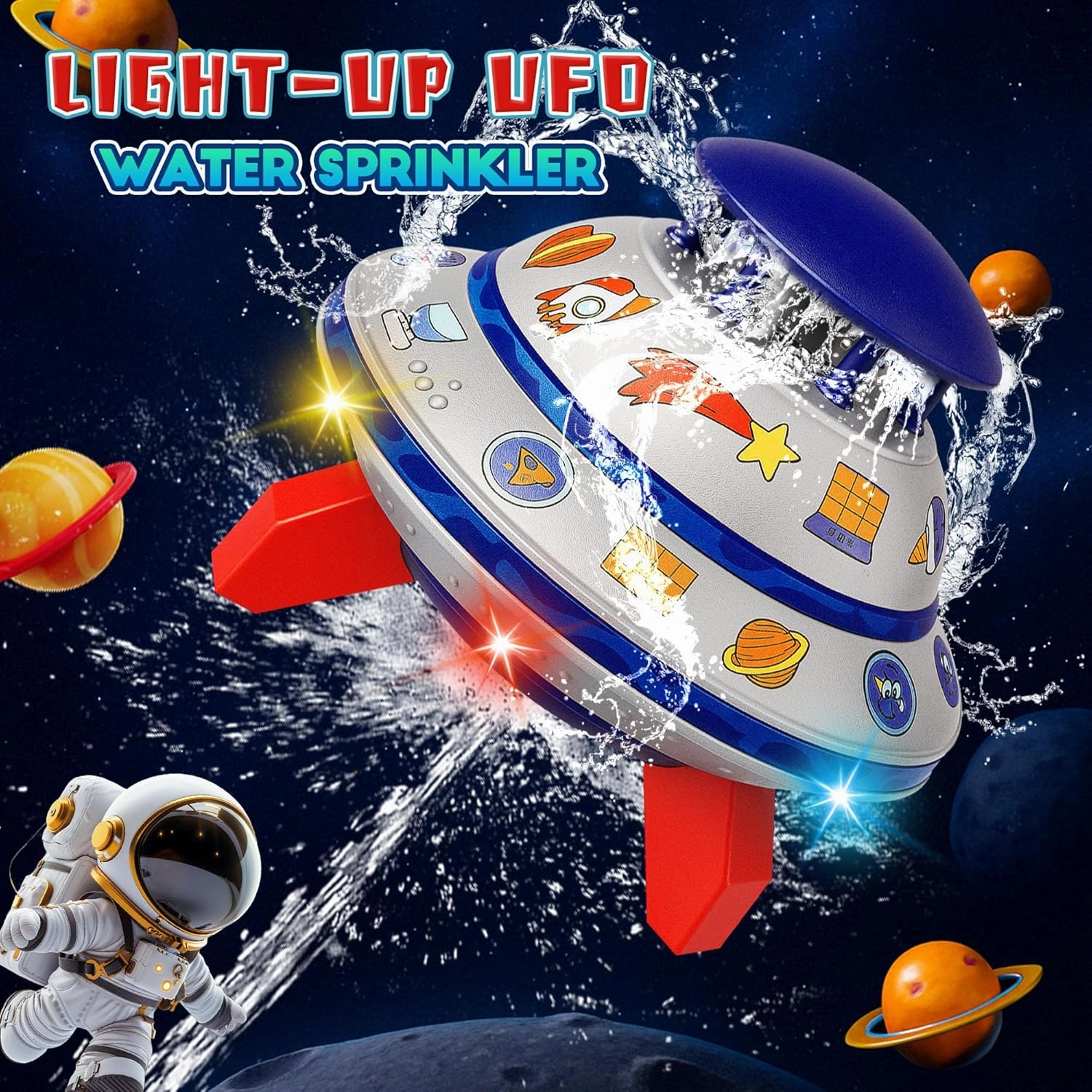 Water Sprinkler for Kids with Lights, 360° Rotating UFO Water Rocket Sprinkler Toy, Outdoor Summer Water Toys for Backyard Lawn Pool, for Boys Girls Ages 3 4 5 6 7 8 