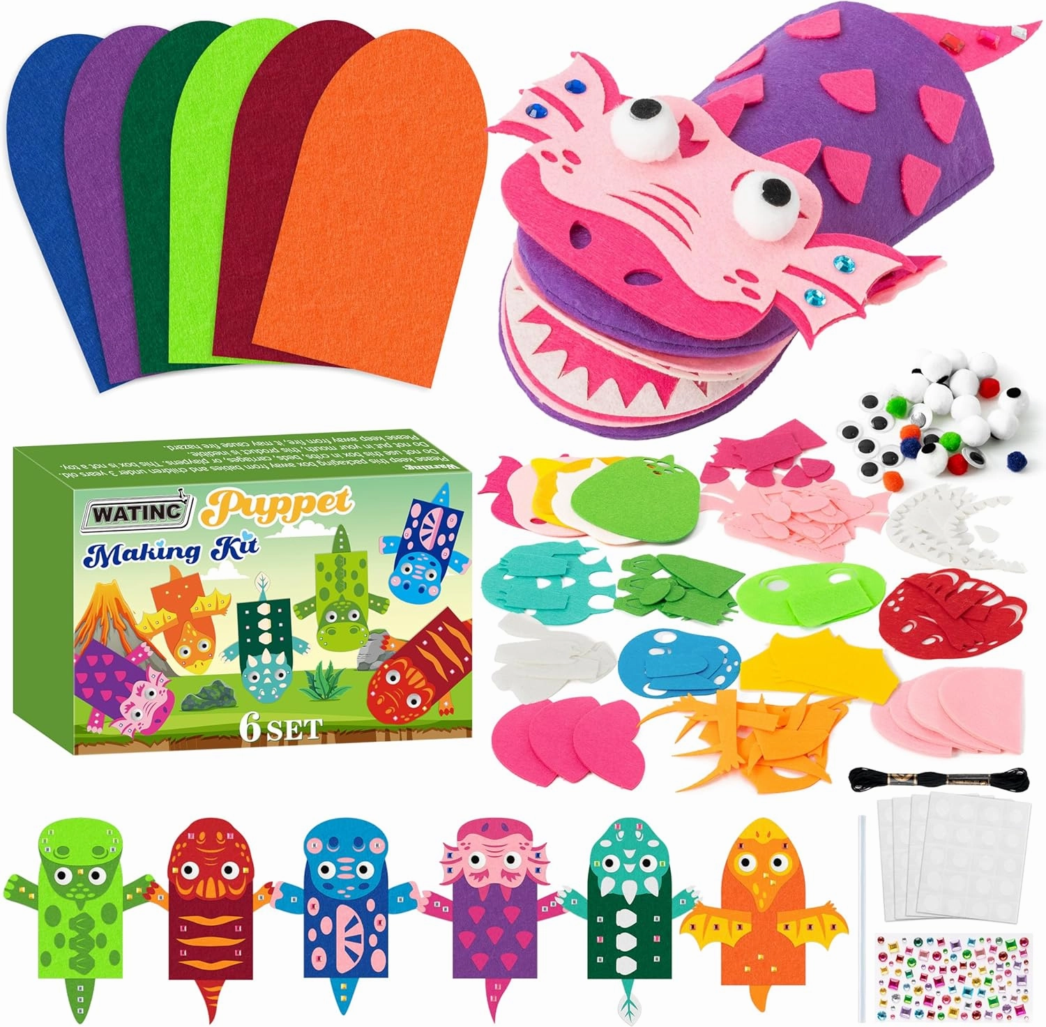 WATINC 6Pcs Hand Puppet Making Kit, Art Craft Felt Sock Puppet Toys, Creative DIY Make Your Own Pompoms Wiggle Googly Eyes Storytelling Role Play Party Supplies Gift for Girls Boys (Dinosaurs B)