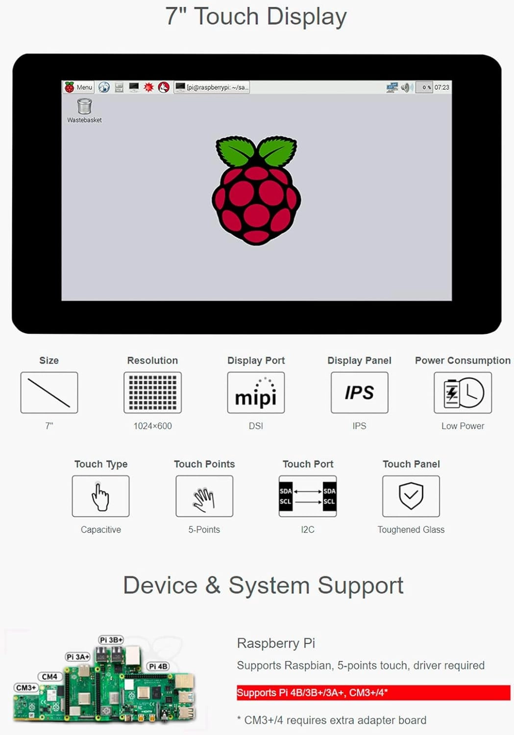 waveshare 7inch DSI LCD 1024×600 Touch Screen for Raspberry Pi 4B/3B /3A /Compute Module 4 (CM4)/Compute Module 3  (CM3 ) Toughened Glass IPS Display Capacitive Monitor 5-Points Touch Driver Required