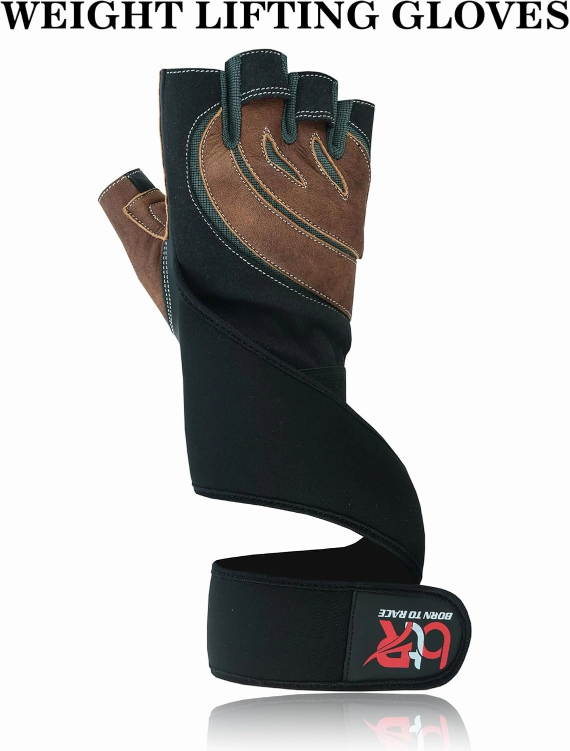 Weight Lifting Leather Padded Gloves for Men and Women Fingerless Body Building Long Wrist Support Training Gym Exercise Powerlifting Gloves Unisex Design
