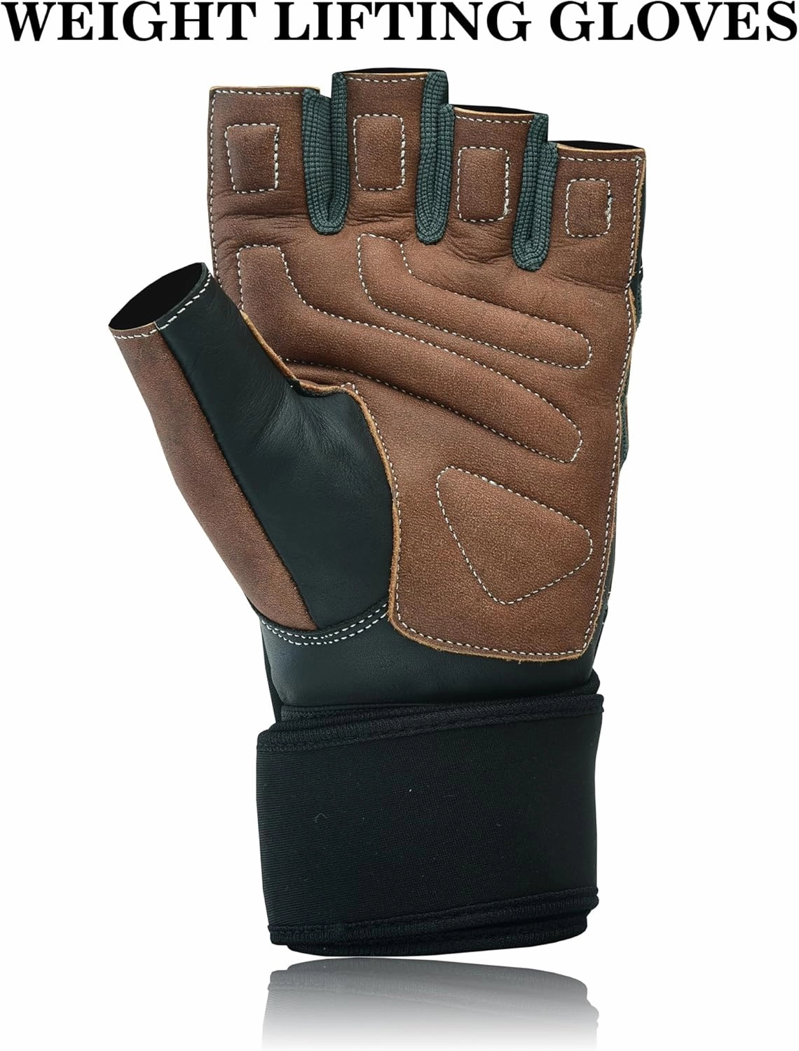 Weight Lifting Leather Padded Gloves for Men and Women Fingerless Body Building Long Wrist Support Training Gym Exercise Powerlifting Gloves Unisex Design