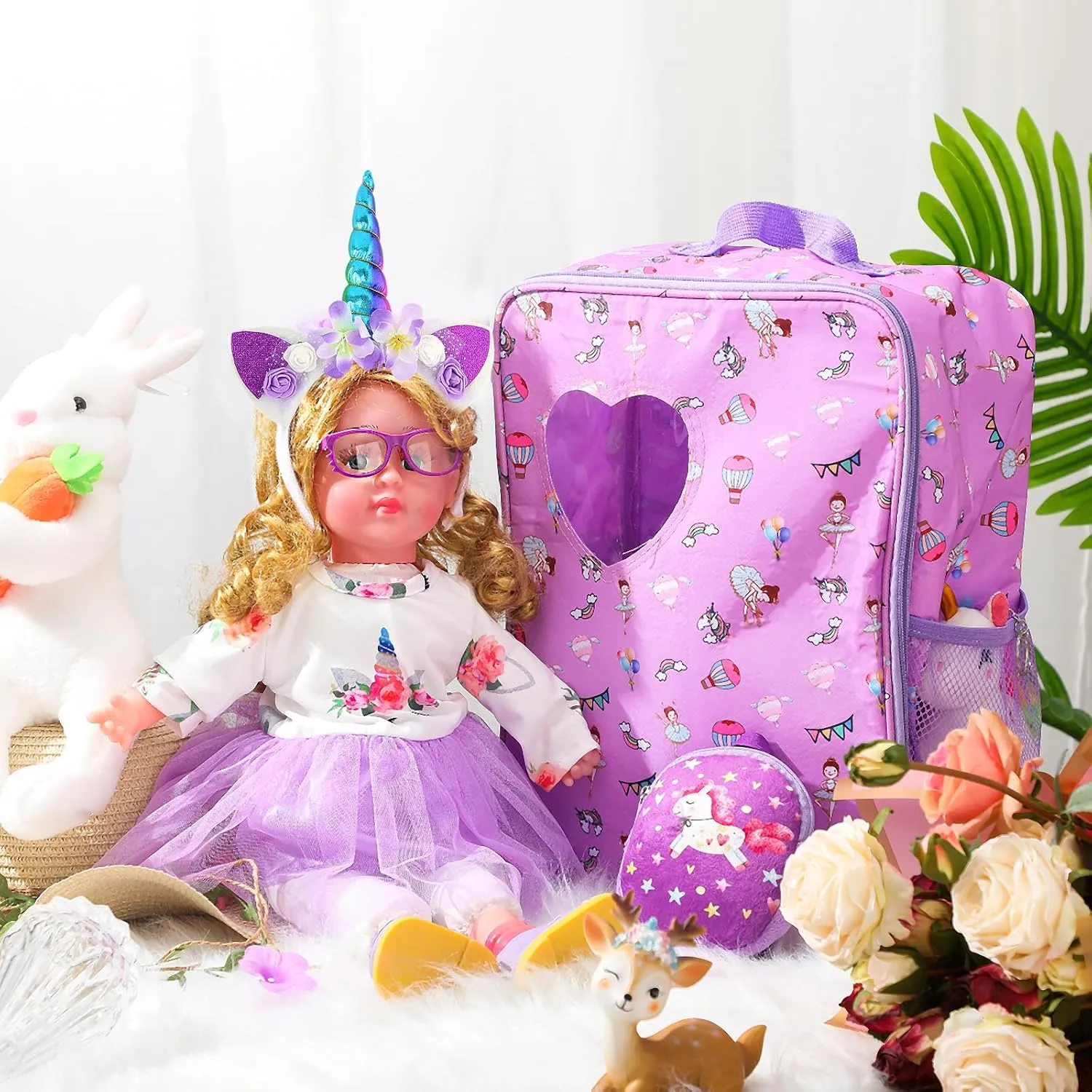 Wettarn 18 Inch Doll Carrier Set with Clothes and Accessories Including Doll Travel Bag, Dress, Shoes, Sunglasses, Backpack and Unicorn for Unicorn Birthday Gift(Purple)