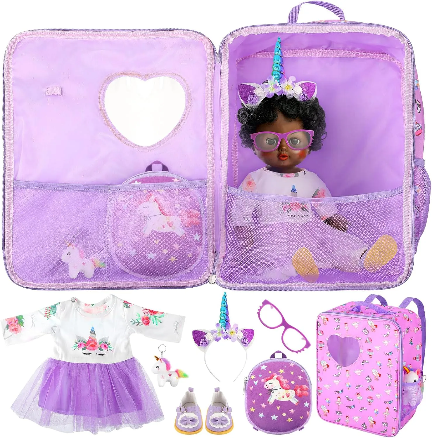 Wettarn 18 Inch Doll Carrier Set with Clothes and Accessories Including Doll Travel Bag, Dress, Shoes, Sunglasses, Backpack and Unicorn for Unicorn Birthday Gift(Purple)