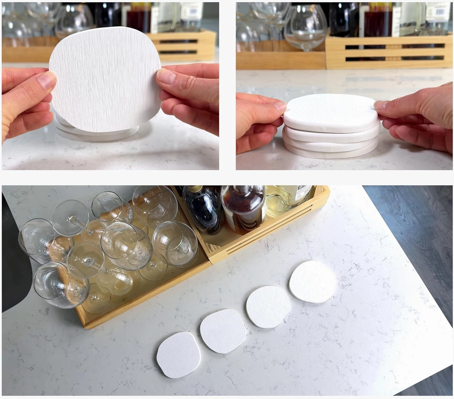 White Stone Coasters Set of 4, White Sandstone Coasters from Diatomaceous Earth, Fast Absorbing Stone Coaster for Drinks, Water Absorbent Diatomite Tiki Bar Decor, Coffee Bar and Small Plant Coaster