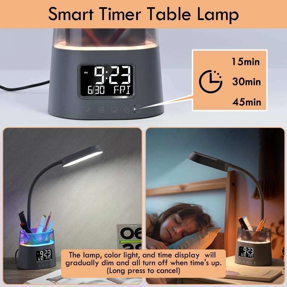 WILIT LED Desk Lamp for College Dorm Room Essentials, Students Study Lamp with Charging Station, Pen Holder, Clock & RGB Night Light, Office Desk Accessories, Table Lamp for Bedroom - Gray