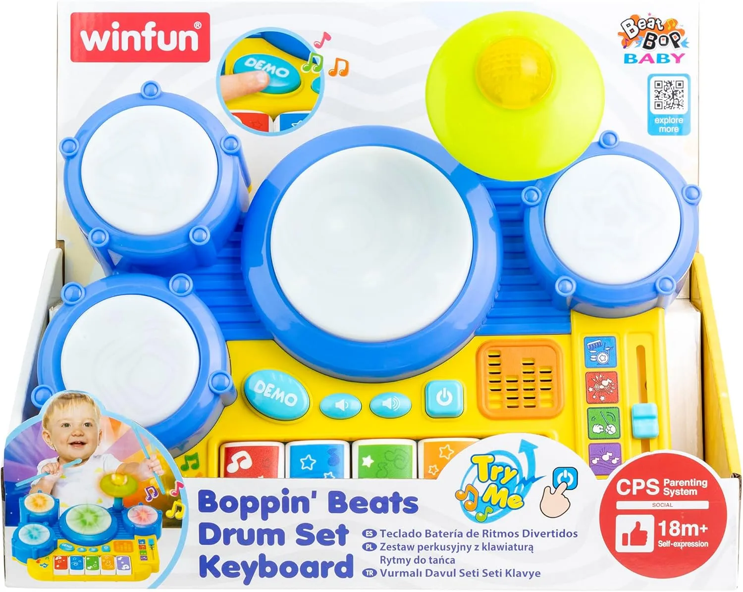 Winfun: Boppin' Beats Drum Set Keyboard - Lights & Sounds Toy, Children's Colorful Instrument, 4 Modes of Play, Demo Songs, Toddler & Kids Ages 18mo 