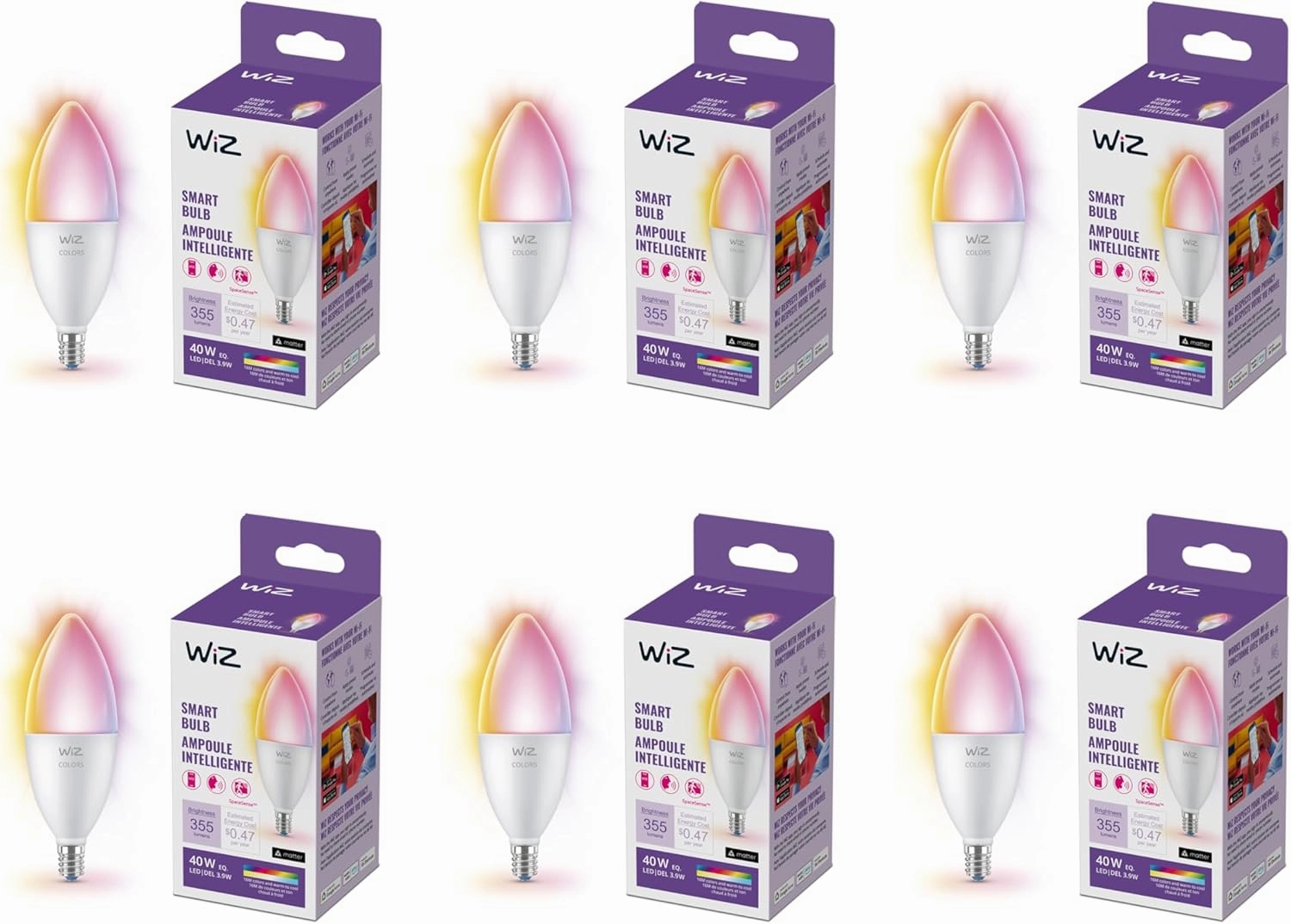 WiZ 40W B12 Color LED Smart Candle-Shaped Bulb - Pack of 6 - E12- Indoor - Connects to Your Existing Wi-Fi - Control with Voice or App   Activate with Motion - Matter Compatible
