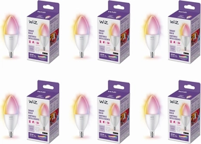WiZ 40W B12 Color LED Smart Candle-Shaped Bulb - Pack of 6 - E12- Indoor - Connects to Your Existing Wi-Fi - Control with Voice or App   Activate with Motion - Matter Compatible