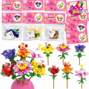 WODMAZ Flower Bouquet Building Blocks, 24 Packs Romantic Flower Toys Easter Gifts for Kids Easter Theme Party Favors Egg Hunt Basket Stuffer, Classroom Prize Supplies