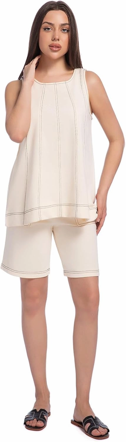 Women's 2 Piece Outfits Sleeveless Crew Neck 2025 Summer Casual Loose Tank Top Wide Leg Shorts with Pockets