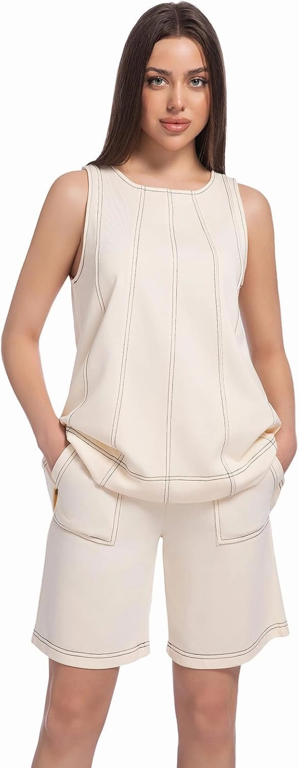 Women's 2 Piece Outfits Sleeveless Crew Neck 2025 Summer Casual Loose Tank Top Wide Leg Shorts with Pockets