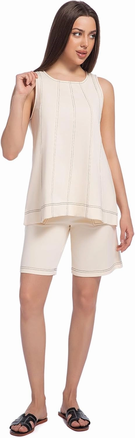 Women's 2 Piece Outfits Sleeveless Crew Neck 2025 Summer Casual Loose Tank Top Wide Leg Shorts with Pockets