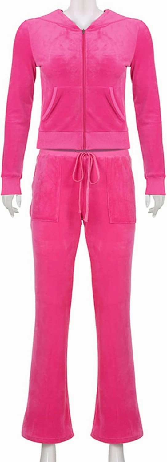 Women's 2 Piece Velour Tracksuit Set Heart Print Long Sleeve Zipper Hoodie Cropped Jacket and Sweatpants Y2K Sweatsuit Set