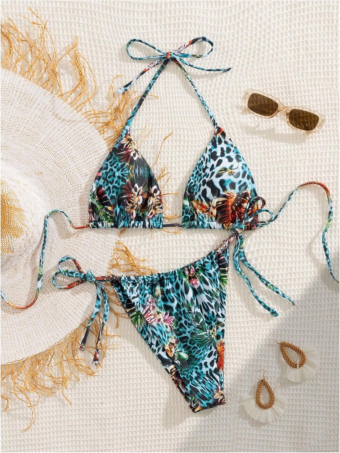 Women's High Waisted Bikini Set Graphic Tie Back Swimsuit with Tie Side Thongs Bathing Suit