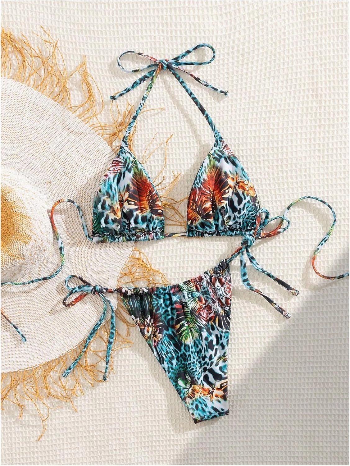 Women's High Waisted Bikini Set Graphic Tie Back Swimsuit with Tie Side Thongs Bathing Suit