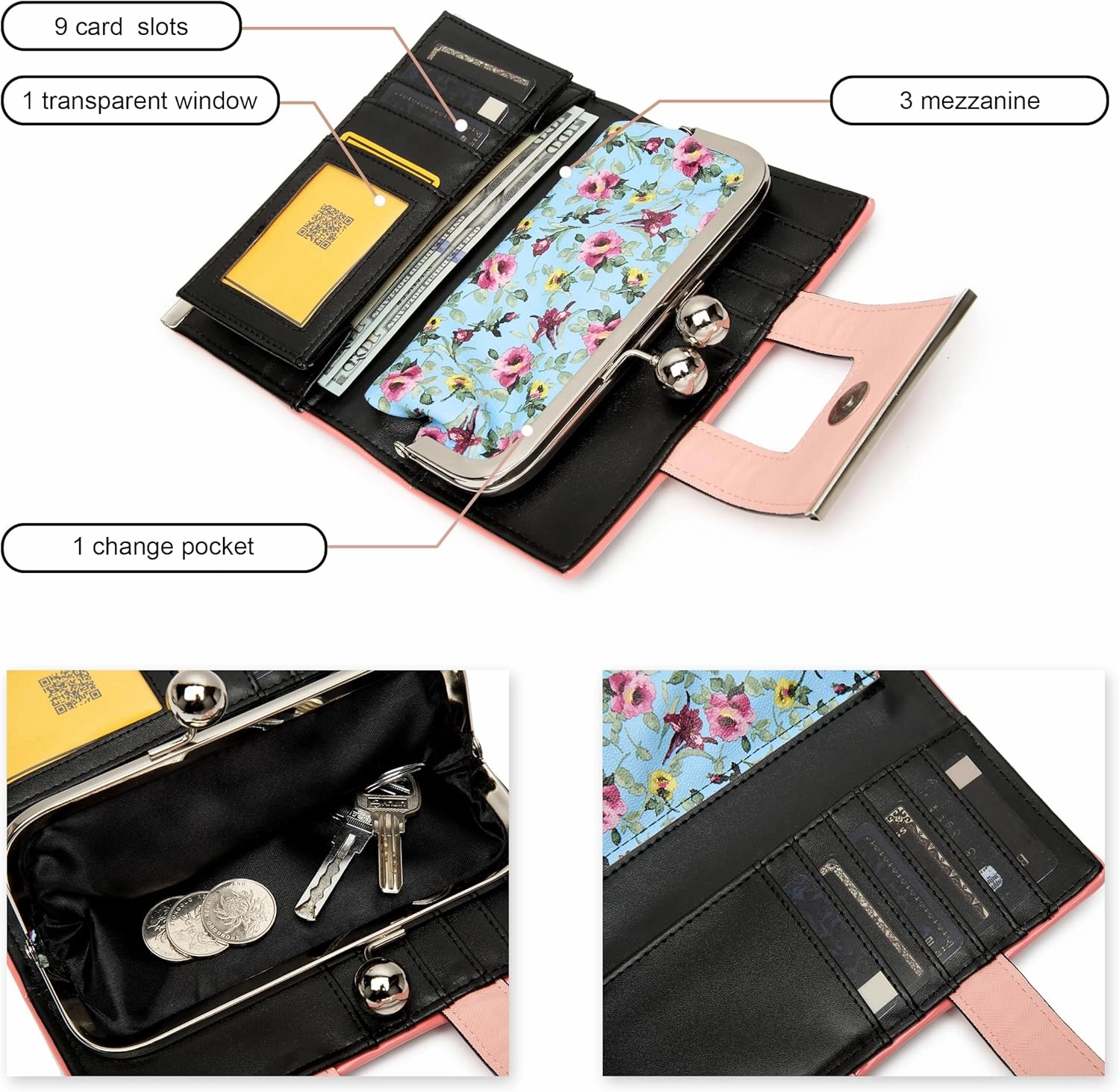 Women Wallet Leather Large Capacity Women's Handbag Large Capacity Long Wallet, with 10-card slots and clips