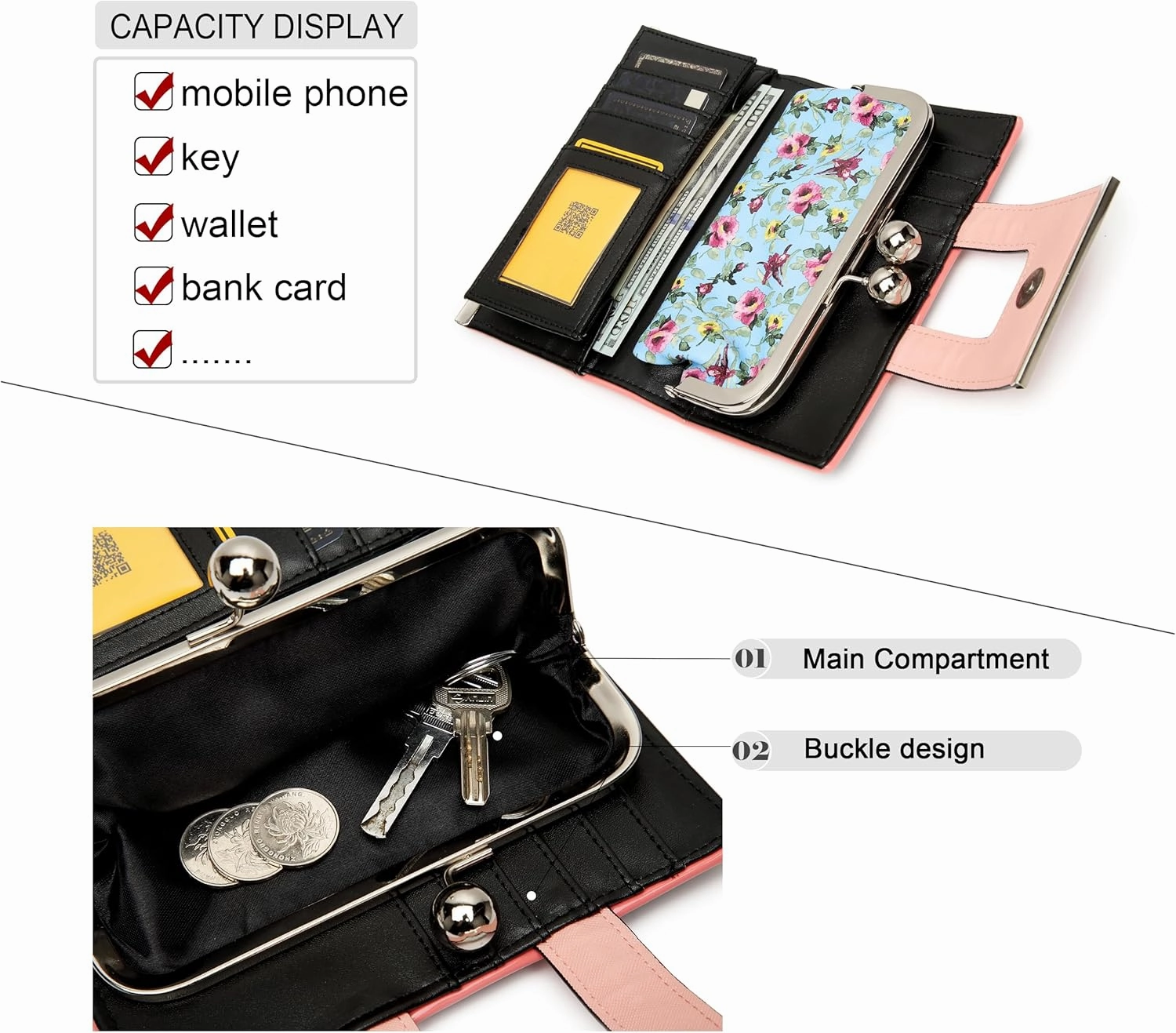 Women Wallet Leather Large Capacity Women's Handbag Large Capacity Long Wallet, with 10-card slots and clips