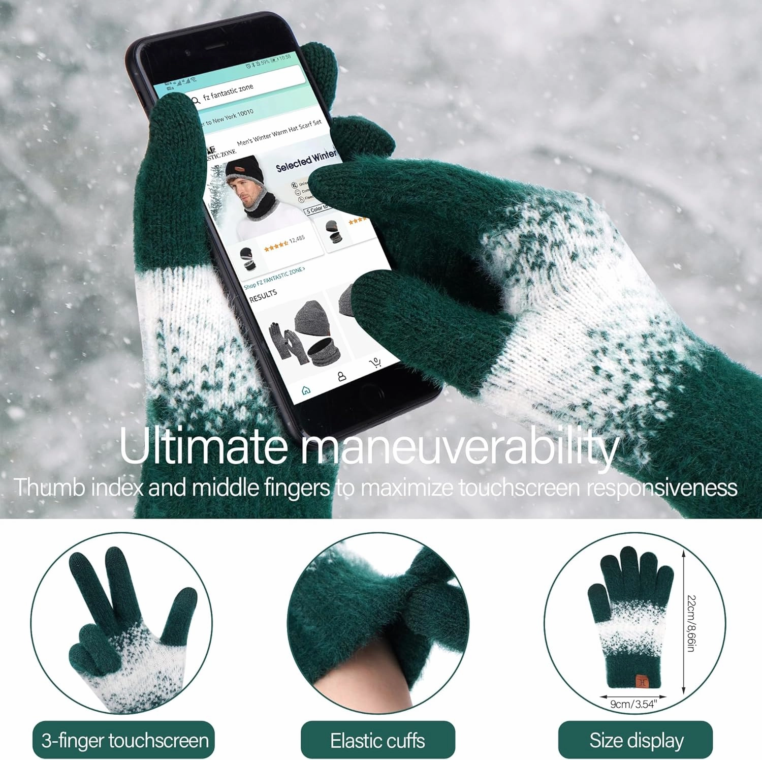 Womens Winter Knit Beanie Hats and Touchscreen Gloves Long Scarf Set with Warm Fleece Lined Skull Caps Scarves for Women