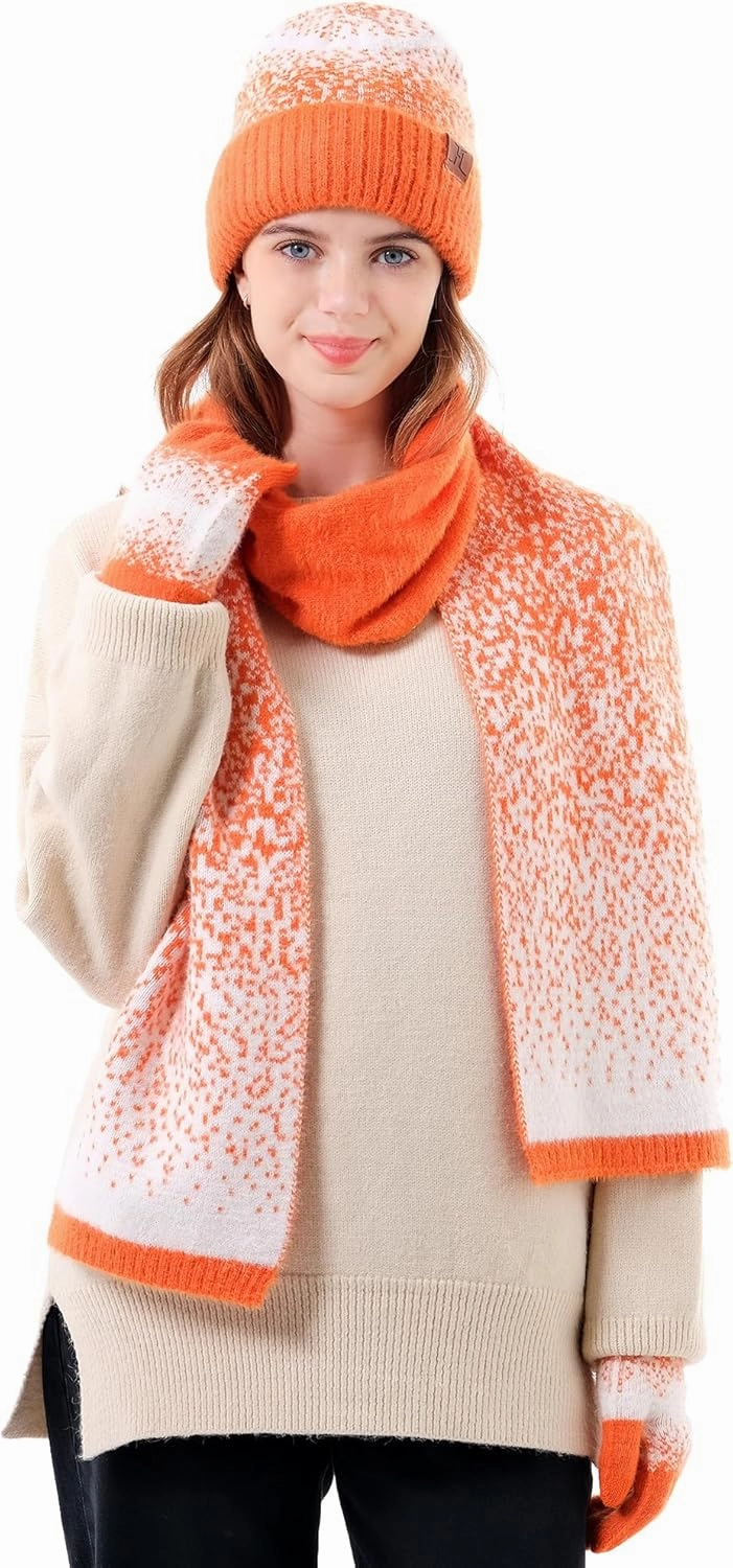 Womens Winter Knit Beanie Hats and Touchscreen Gloves Long Scarf Set with Warm Fleece Lined Skull Caps Scarves for Women
