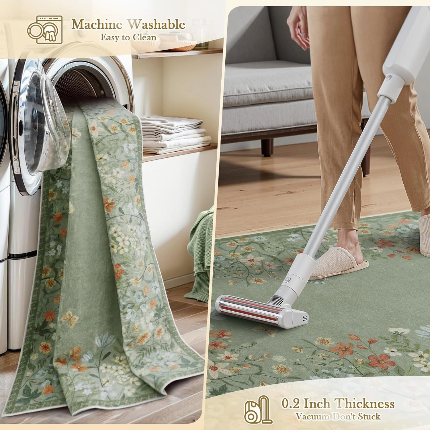 Wonnitar Washable 5x7 Area Rugs, Green Floral Rugs for Bedroom, Non-Shedding Living Room Throw Rug, Botanical Dining Room Floor Carpet for Bedside Kids Girls Bedroom (Green,5'x7')
