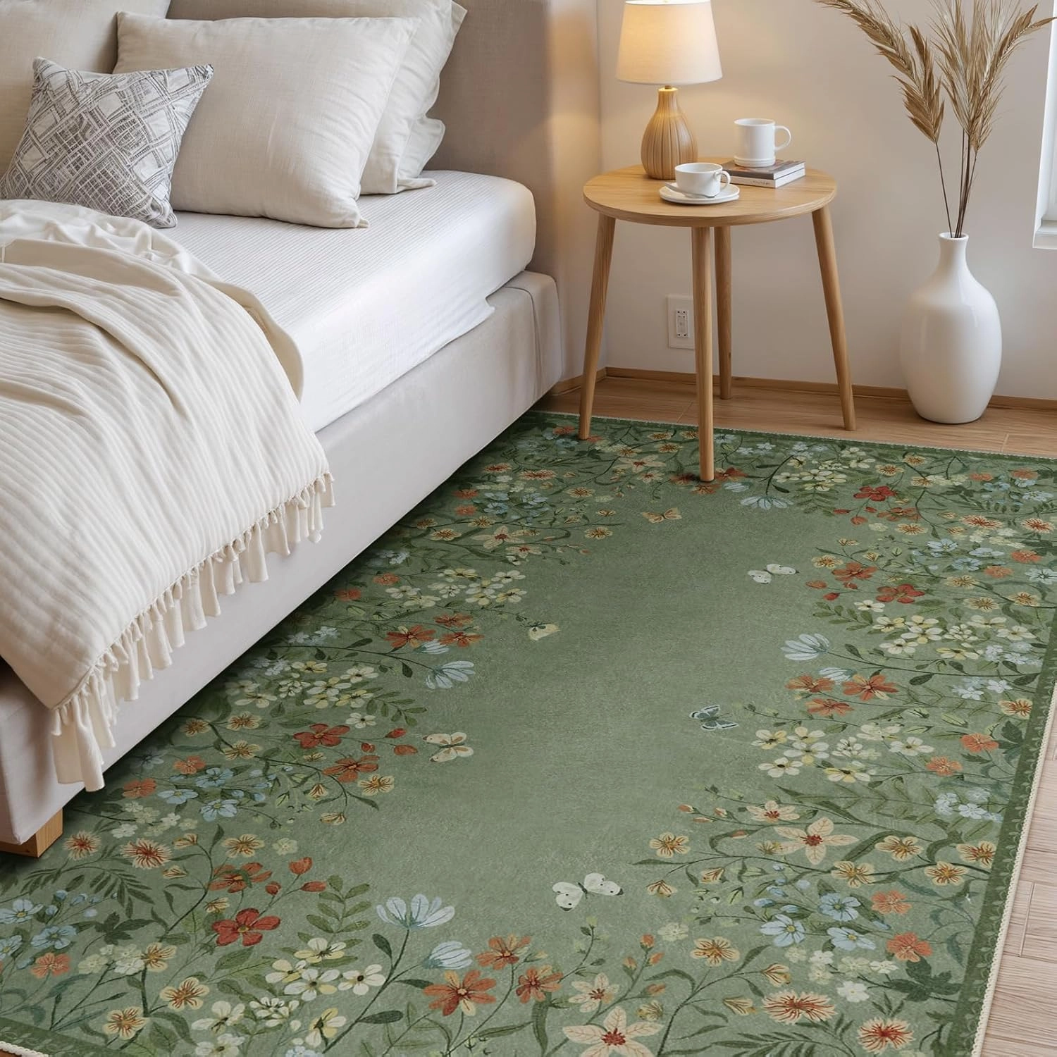 Wonnitar Washable 5x7 Area Rugs, Green Floral Rugs for Bedroom, Non-Shedding Living Room Throw Rug, Botanical Dining Room Floor Carpet for Bedside Kids Girls Bedroom (Green,5'x7')
