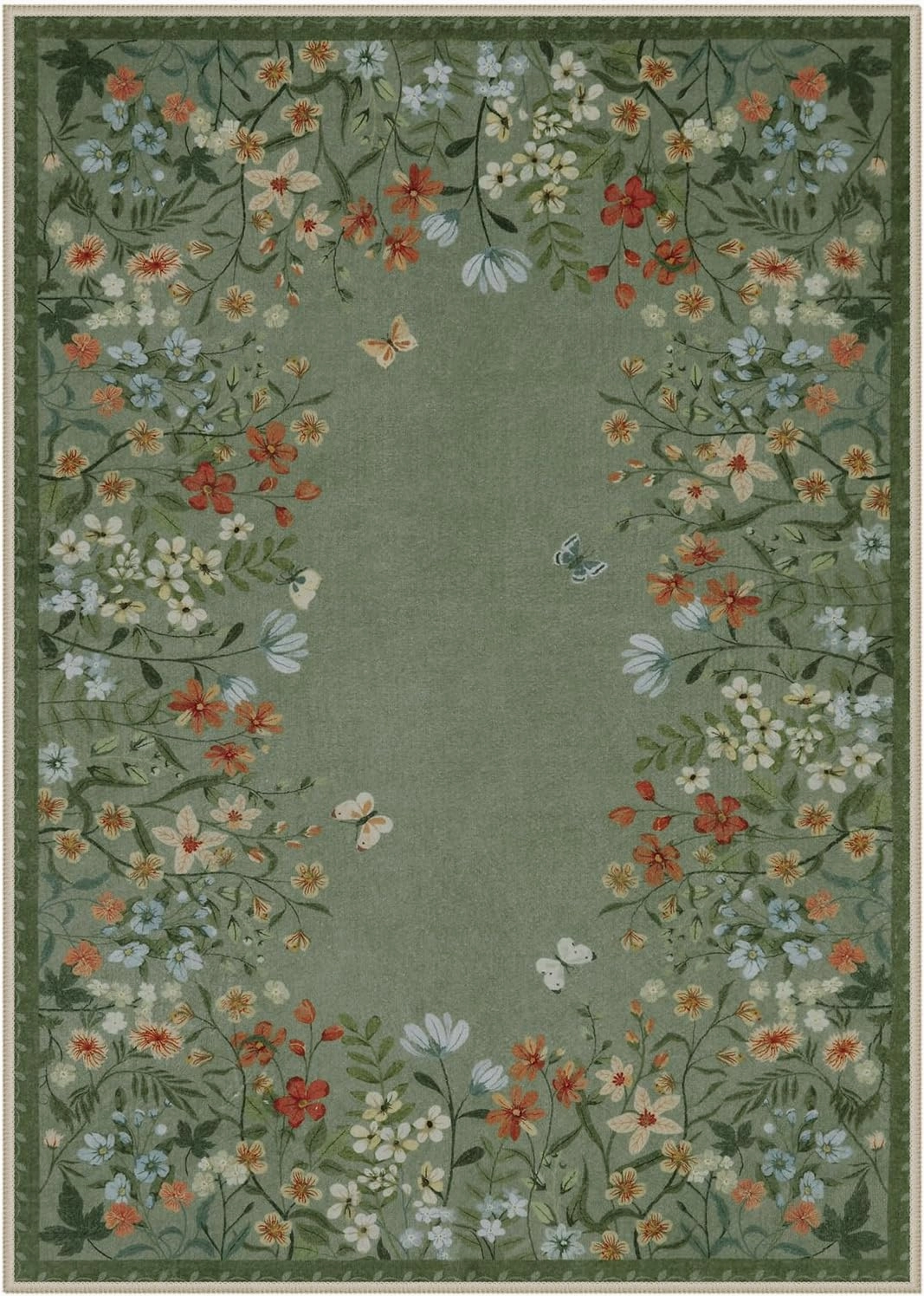 Wonnitar Washable 5x7 Area Rugs, Green Floral Rugs for Bedroom, Non-Shedding Living Room Throw Rug, Botanical Dining Room Floor Carpet for Bedside Kids Girls Bedroom (Green,5'x7')