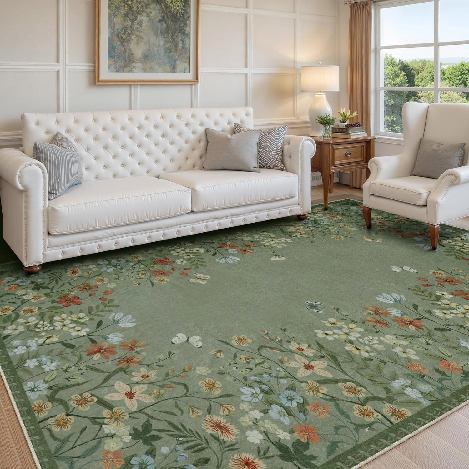 Wonnitar Washable 5x7 Area Rugs, Green Floral Rugs for Bedroom, Non-Shedding Living Room Throw Rug, Botanical Dining Room Floor Carpet for Bedside Kids Girls Bedroom (Green,5'x7')