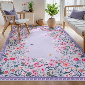 Wonnitar Washable Rug, 5x7 Purple Rugs for Living Room, Floral Print Non-Slip Pink Area Rugs for Bedroom Girls, Soft Large Throw Carpet for Kids Nursery Room (Purple,5'x7')