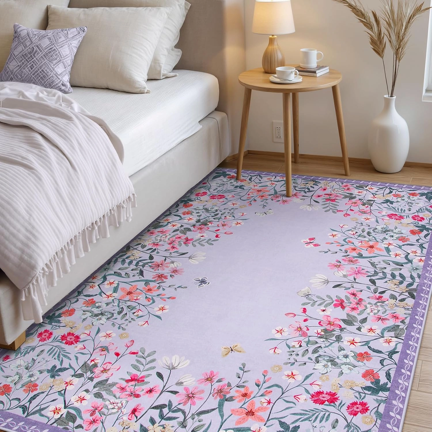 Wonnitar Washable Rug, 5x7 Purple Rugs for Living Room, Floral Print Non-Slip Pink Area Rugs for Bedroom Girls, Soft Large Throw Carpet for Kids Nursery Room (Purple,5'x7')