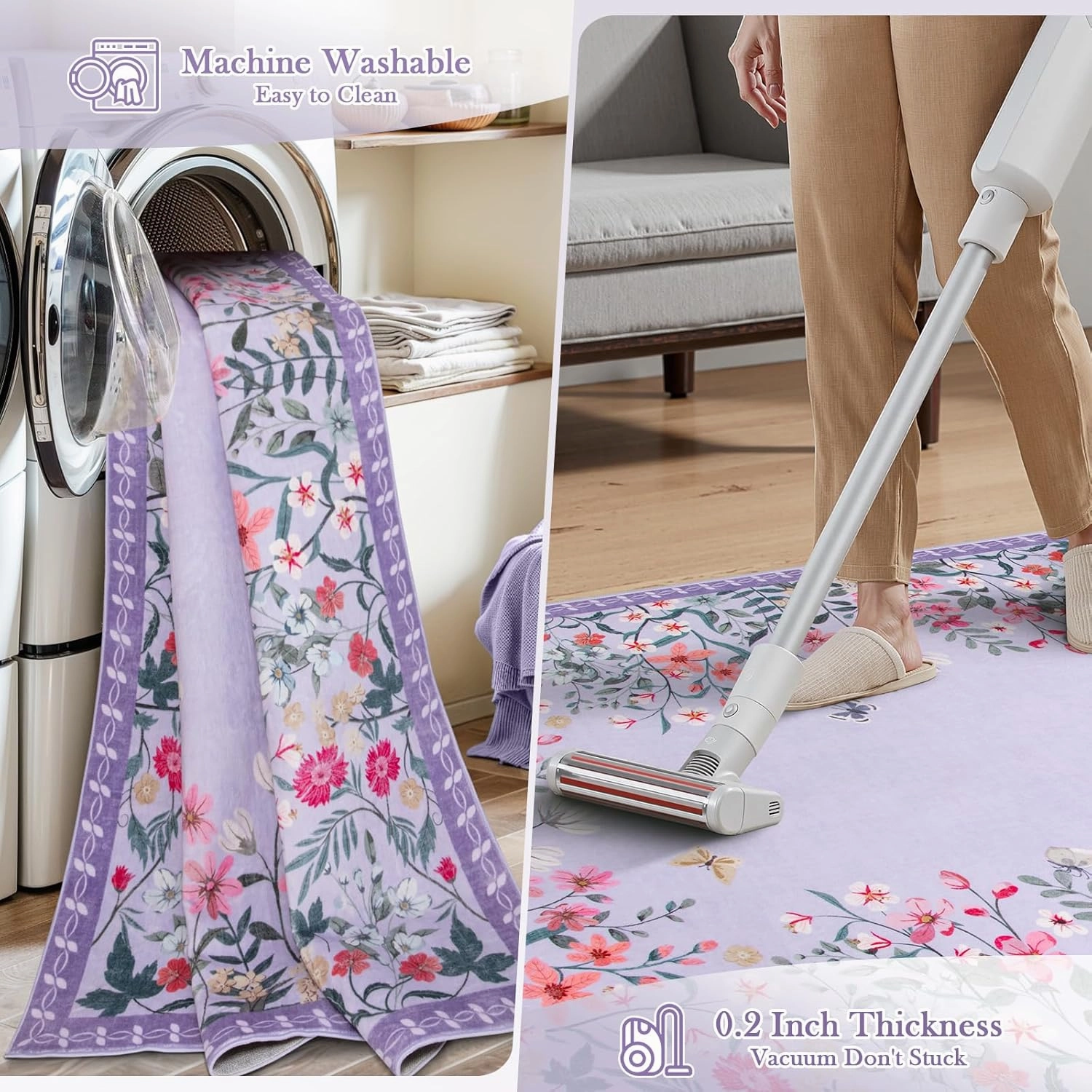 Wonnitar Washable Rug, 5x7 Purple Rugs for Living Room, Floral Print Non-Slip Pink Area Rugs for Bedroom Girls, Soft Large Throw Carpet for Kids Nursery Room (Purple,5'x7')