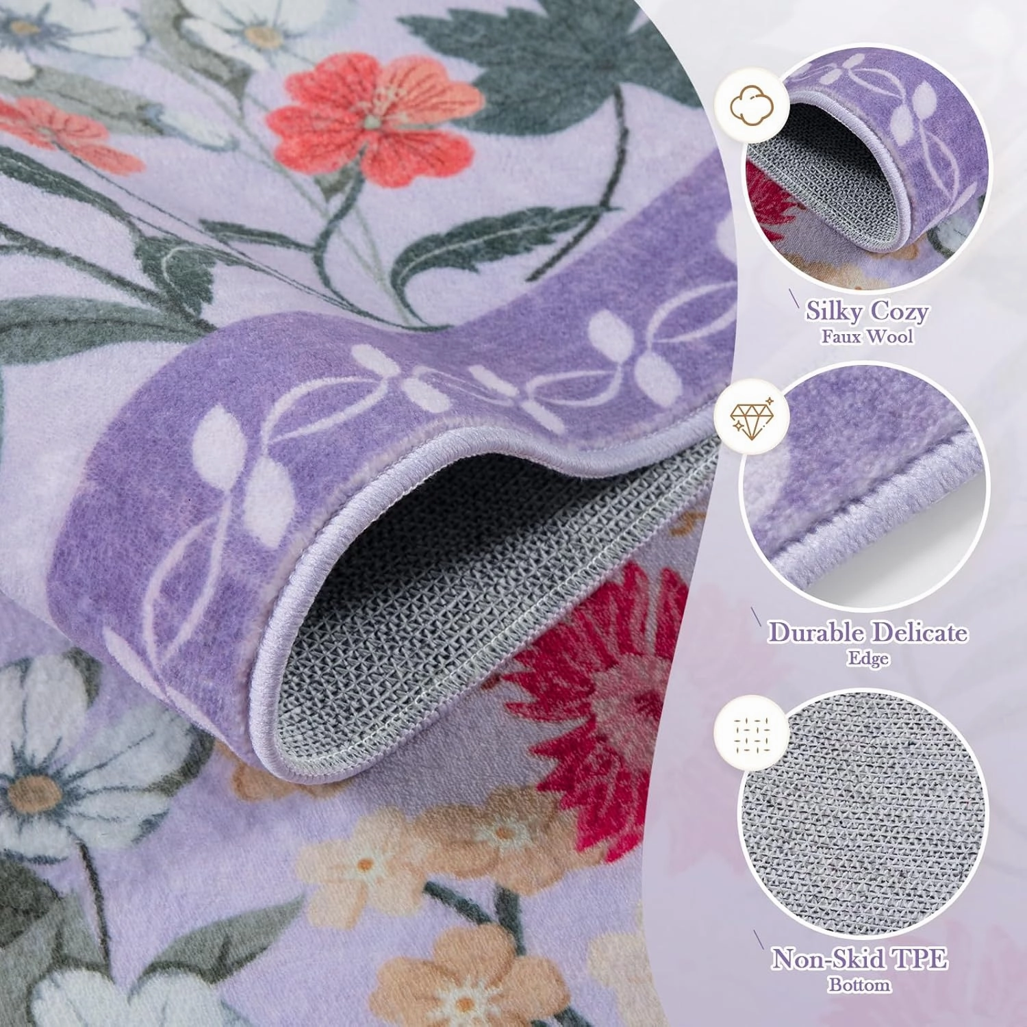 Wonnitar Washable Rug, 5x7 Purple Rugs for Living Room, Floral Print Non-Slip Pink Area Rugs for Bedroom Girls, Soft Large Throw Carpet for Kids Nursery Room (Purple,5'x7')